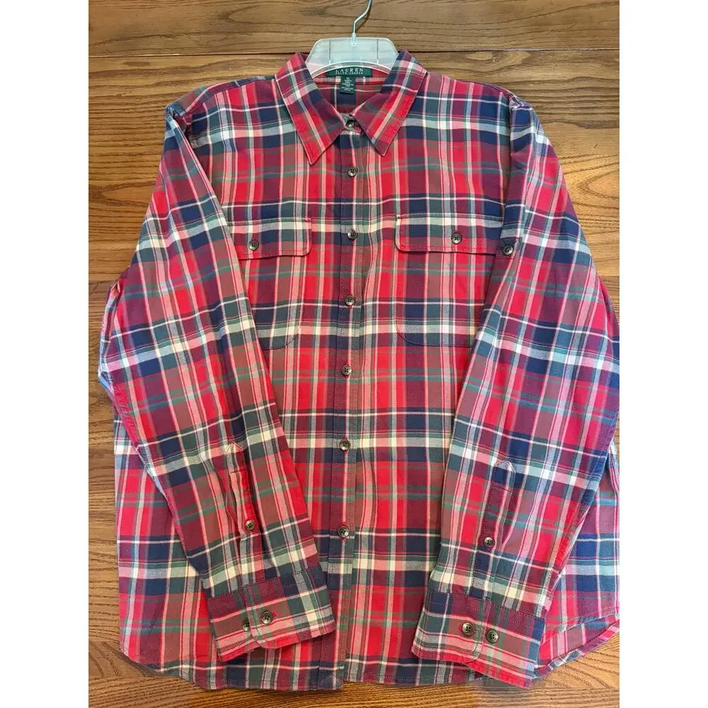 Lauren Ralph Lauren Red Blue Plaid 100% Cotton Flannel Shirt Womens XL Roll Tab